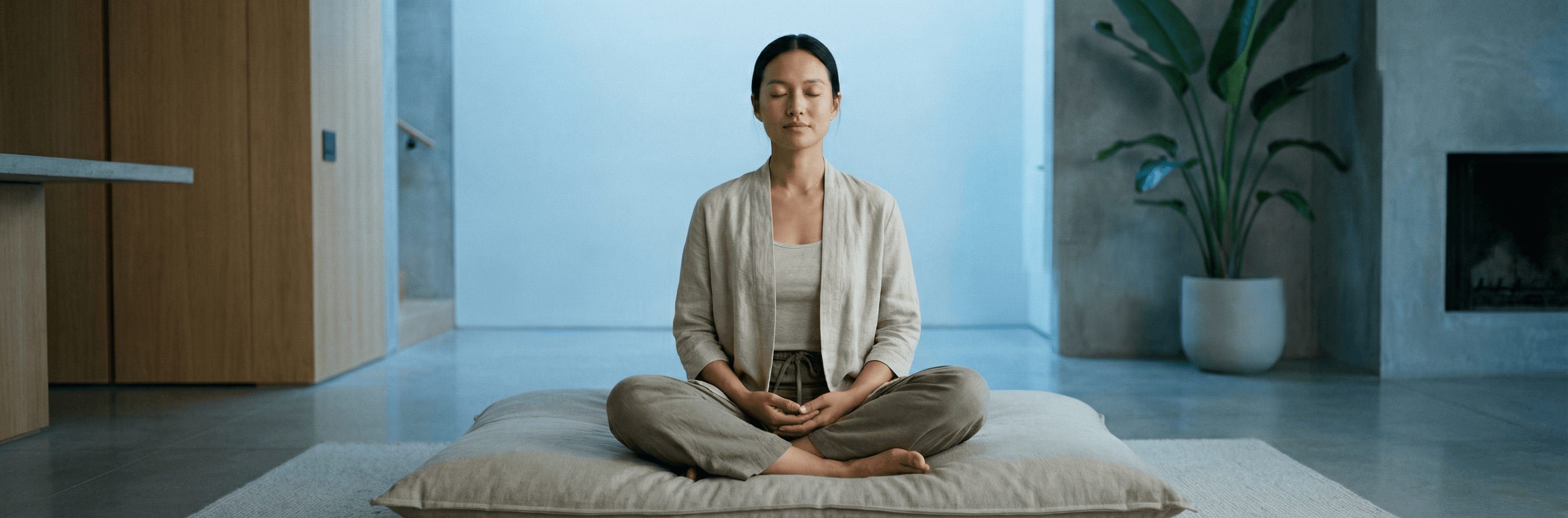 A person sitting quietly on a mat in a sunlit room.