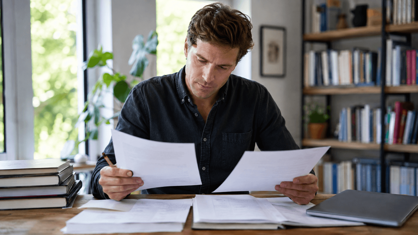Editorial illustration: an adult comparing papers at a desk.